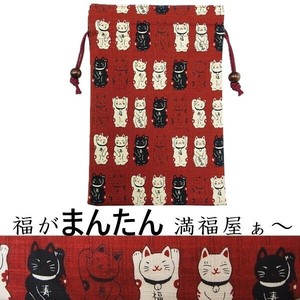 【特価】【日本製】満福屋　猫　木玉付ご朱印帳入れ巾着　赤