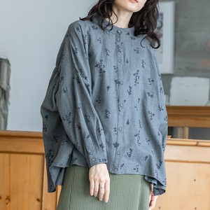 Button Shirt/Blouse Gathered Blouse Printed Flocking Finish 100% Cotton