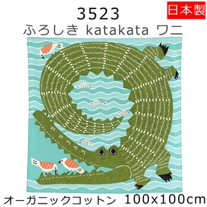 ふろしき katakata オーガニックコットン100％　ワニ　小鳥　トリ　ブルー　100×100