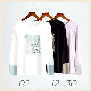 20682 綿100％素材　カットソー 袖口リブ配色 デザインTシャツ　レディス