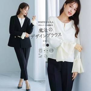 【多機能すぎるきちんとブラウス】ダブルピケクロス・お袖シフォンジー・パール調キーネックブラウス