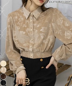 Button Shirt/Blouse Shirring Puff Sleeve Velour