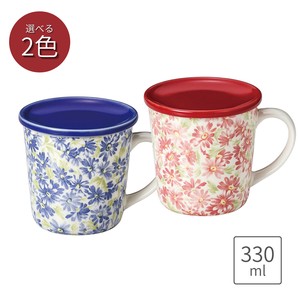 マーガレットピンク・ブルー蓋付マグカップ 陶器 日本製 美濃焼