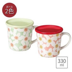 平安桜ピンク・グリン蓋付マグカップ 陶器 日本製 美濃焼