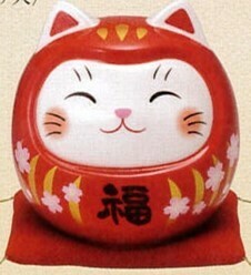 彩絵開運猫だるま（桜赤福・中）（貯金箱）