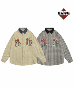 《 HOOK 》レトロ刺繍チェック柄デニム襟シャツ メンズ 長袖 シャツ チェック レトロ 刺繍