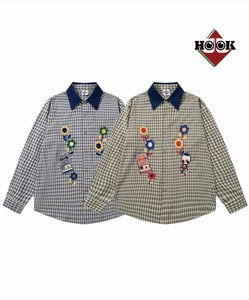 《 HOOK / -original- レトロ調花パッチワーク刺繍チェック柄長袖シャツ 》メンズ 長袖 ユニセックス