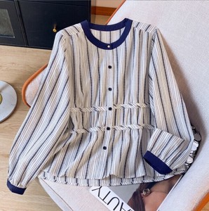 Button Shirt/Blouse Ladies fashion Round Neck Stripe