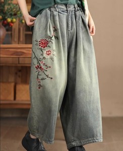 Denim Full-Length Pant Ladies fashion Floral Pattern Wide Pants