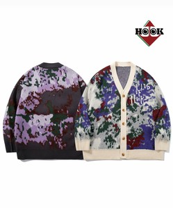 《 HOOK / -original- 抽象模様 部分シャギーニットカーディガン 》 メンズ レディース 幾何学模様