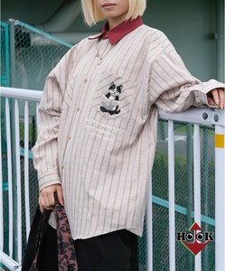 《 HOOK / -original- ニャンコ刺繍チェック柄デニム襟長袖オーバーシャツ 》メンズ 長袖 レディース ネコ