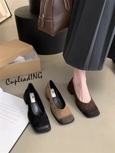 ＜人気商品＞韓国ファッション 太いヒール スクエアトゥ レトロ パンプス オールシーズン シングルシューズ