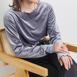 カットベロア　メロークルーネックトップス　AW　長袖　インナー　フリル　無地