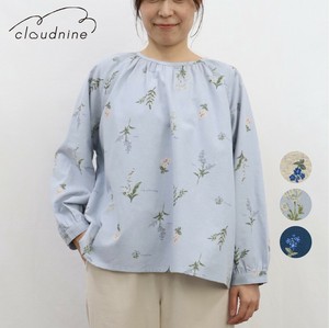 植物柄ブラウス 麻混 ネックギャザー ラグラン袖 ナチュラルプリント素材 日よけ対策 冷房対策