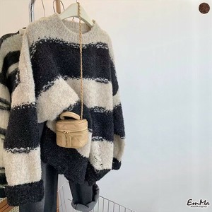ダメージボーダーニットセーター ラウンドネック カジュアル 長袖  秋 冬  【2024AW】EH3329