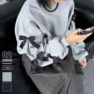 裏起毛 袖リボントレーナー スウェット ボリューム袖 トレーナー レディース 長袖 カットソー ショート