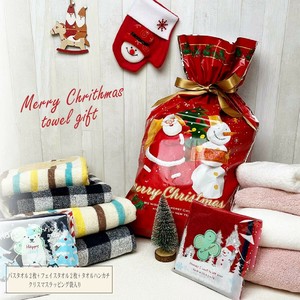 クリスマス・タオルギフト（リボン付ギフトバッグ入）バスタオル2枚+フェイスタオル2枚+タオルハンカチ1枚