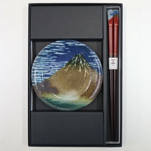 浮世絵器行　北斎赤富士小皿箸揃【日本製　美濃焼】（インバウンド　葛飾北斎　富嶽三十六景　富士山）