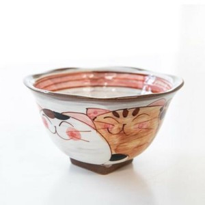 有田焼　波佐見焼　仲良し猫　角高台茶碗　赤