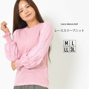 ニット M L LL 3L 裾切り替え 袖レース 手洗い クルーネック お尻が少し隠れる丈 花柄レース フェアリー