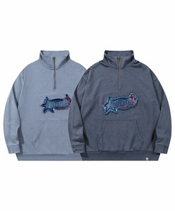 【HOOK -original-】　アメカジパッチ刺繍デニム風ウォッシュハーフジップ メンズ スウェット ジップ ロゴ