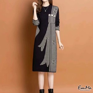 ニットワンピース ひざ丈 チェック 上品 長袖 カジュアル 春 秋  【2024AW】EH4284