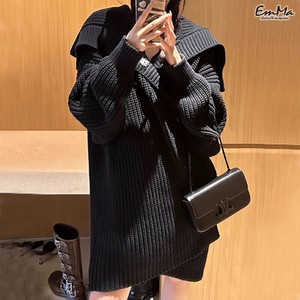 ミドル丈ニットコーディガン ビッグカラー ブラック カジュアル 黒 【2024AW】 EH3348