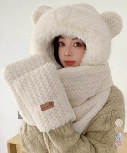 国内即納 くま耳ニット帽子 マフラー 手袋 一体型
