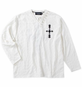 GLADIATE ビッグサイズ メンズ 刺繍ブロックジャガード長袖VネックTシャツ ホワイト  3L 4L 5L 6L