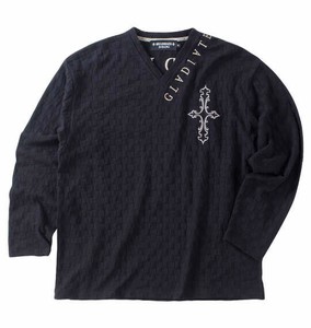 GLADIATE ビッグサイズ メンズ 刺繍ブロックジャガード長袖VネックTシャツ ブラック  3L 4L 5L 6L