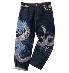 絡繰魂 ビッグサイズ メンズ 龍神牡丹刺繍デニムパンツ ワンウォッシュ  100 110 120 130