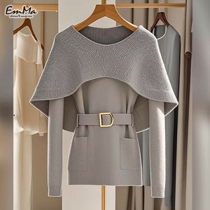 【2024AW】 ケープ風トップス ウエストベルト スリム 上品 春 秋 冬