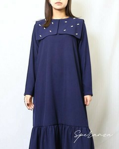 【セール】パール付きビックカラー裾フリル　ロングワンピース