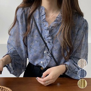 国内即納 襟フリル シースルー 花柄ブラウス 女性