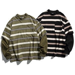 P20000 メンズ Tシャツ パーカー 仮二件 ストライプトッブス 長袖 2024秋冬新作 男女通用