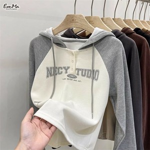フーディ長袖Tシャツ アルファベット ツートンカラー ハーフボタン スリム 春 秋 【2025新作】 EH1601