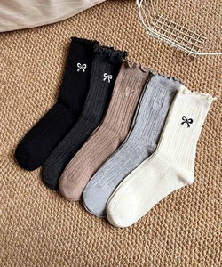 【MOSOX】リボン刺繍メロウフリルソックス5色セット レディース リボン 刺繍 シンプル