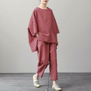 シャツ ラウンドネック 上下2点セット 綿麻 九分ズボン レジャー 無地 ゆったり 快適 レディース YEA1671