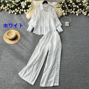 シャツ+ワイドパンツ 2点セット 長袖 無地 ゆったり 快適 レディース ファッション ABQ471