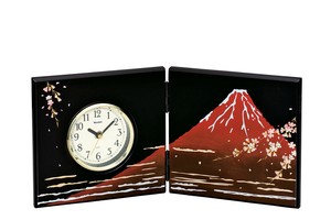37-3110　屏風時計　黒　富士に桜
