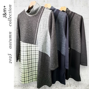 <2025秋物新作>異素材チェック切替デザイン長袖Tシャツ　チュニック丈　2025秋物人気　J&m+