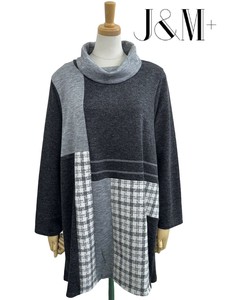 <2025春新作>異素材チェック切替デザイン長袖Tシャツ　チュニック丈　2025春物人気　J&m+