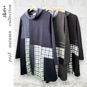 <2025秋物新作>異素材チェック切替デザイン長袖Tシャツ　チュニック丈　2025秋物人気　J&m+