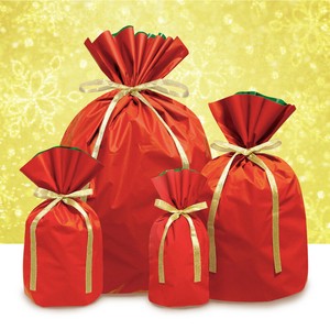 梨地リボン付きギフトバッグ40枚入　クリスマスレッド【簡単/包装/人気/ラッピング用/マチ付き】