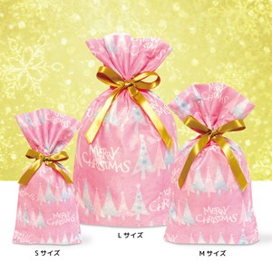 クリスマスリボン付ギフトバッグ スノー ピンク【S~Lサイズ/簡単包装/クリスマスのラッピングに】