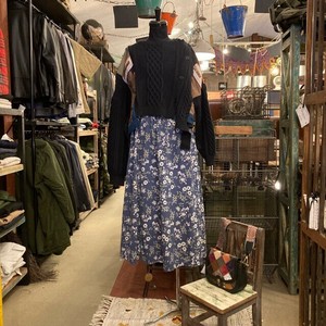 Skirt Navy Small Long Skirt Floral Pattern Retro Flower Cotton Botanica