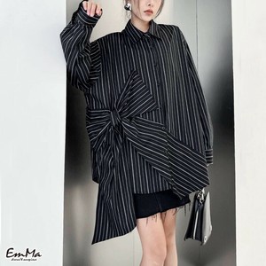 ウエストリボンストライプシャツ 黒 春 秋 カジュアル 長袖 【2025新作】