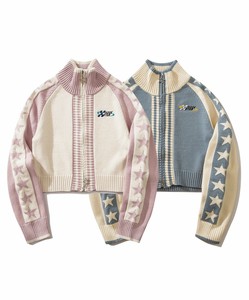 【HOOK】for girls レーシング風袖星切り替えブルゾンニット ショート丈 レディース ジップアップ