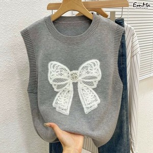 刺繍パールリボンニットベスト カジュアル 春 秋　【2025新作】EH2561