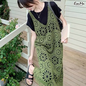 セットアップ 刺繍キャミソールワンピース 半袖黒ワンピース ツーピース  春 夏 【2025新作】EH4317